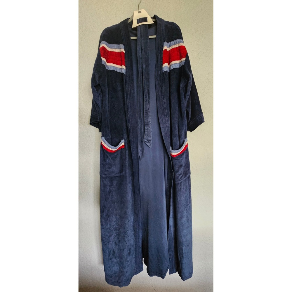 Vintage Sears The Mens Store Navy Blue Velour Robe Red Racing Stripe One Size